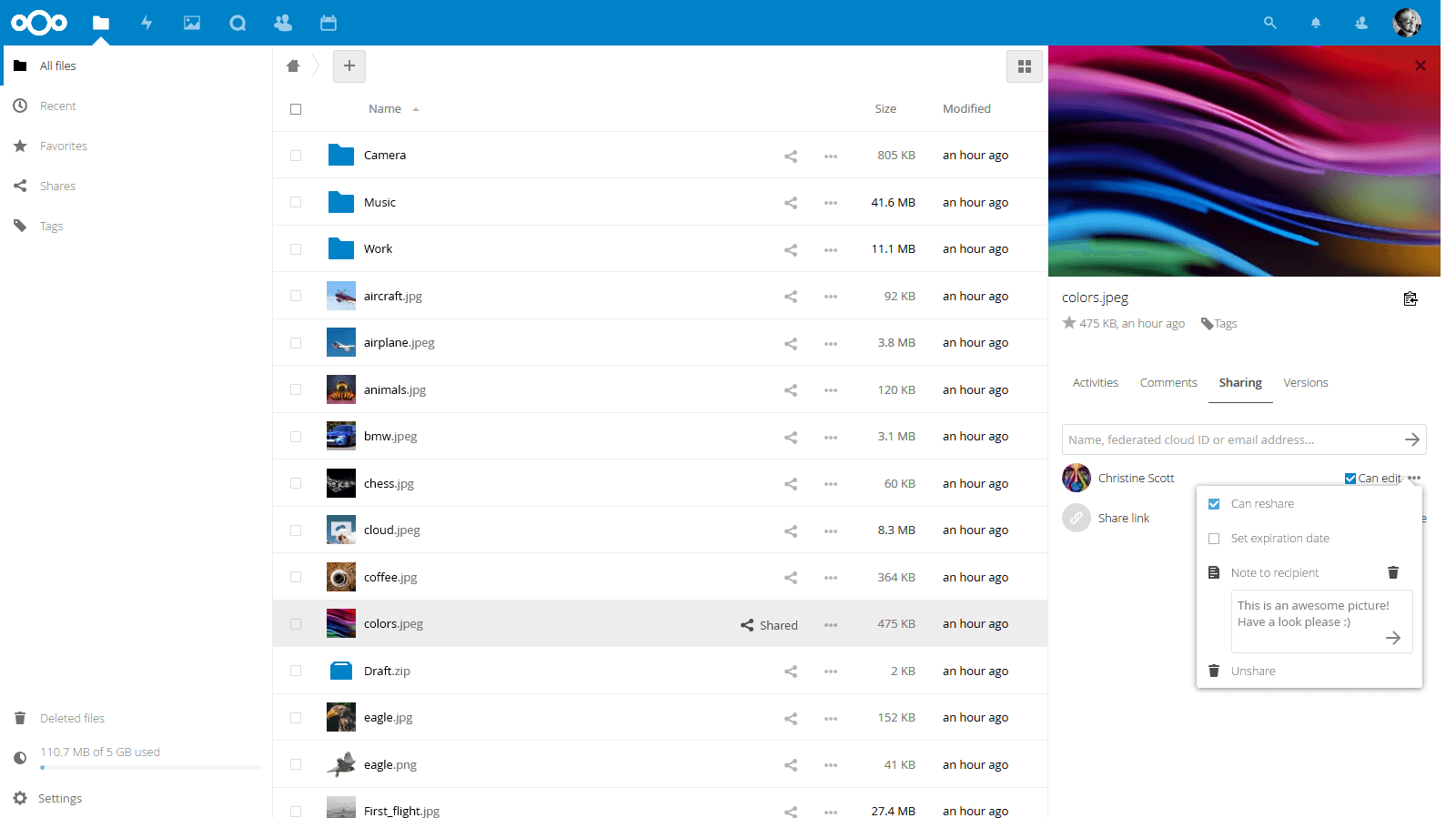 NextCloud 14 file sharing user note
