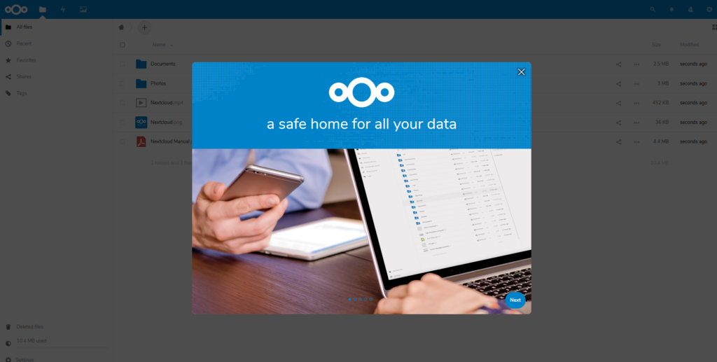 NextCloud 15 Welcome screen