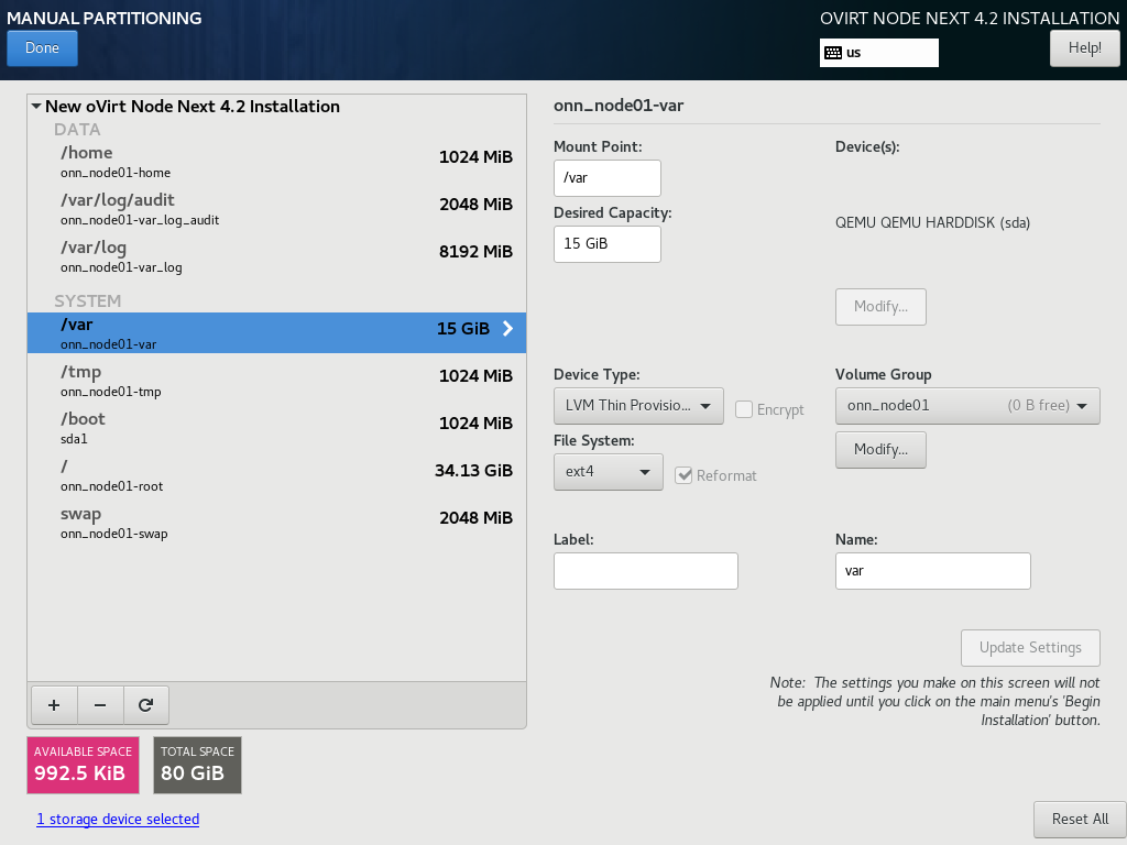 oVirt Node 4.2 Installation - Example installation