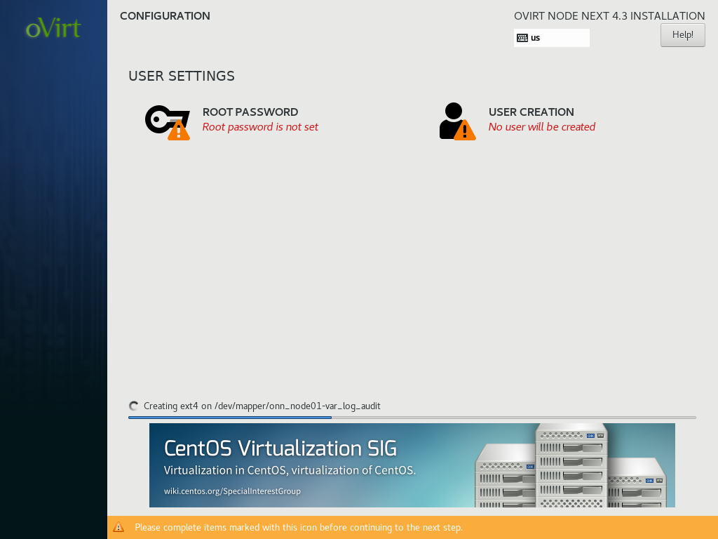 oVirt Node 4.3 Installation - User Configuration