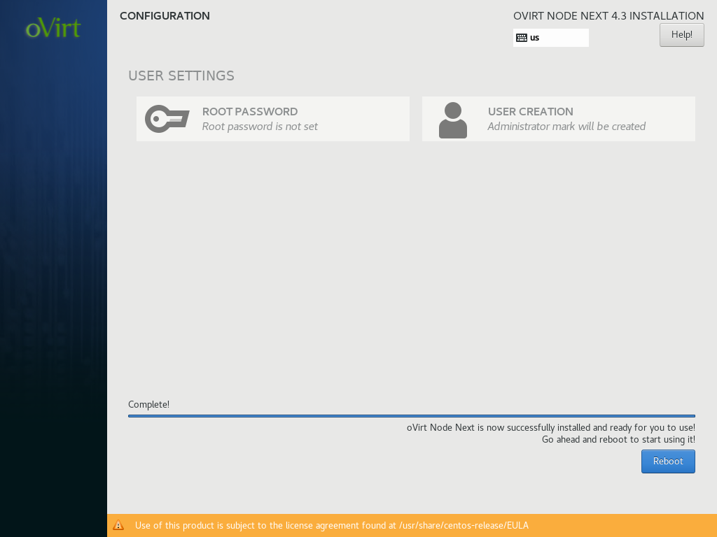 oVirt Node 4.3 Installation - Installation complete