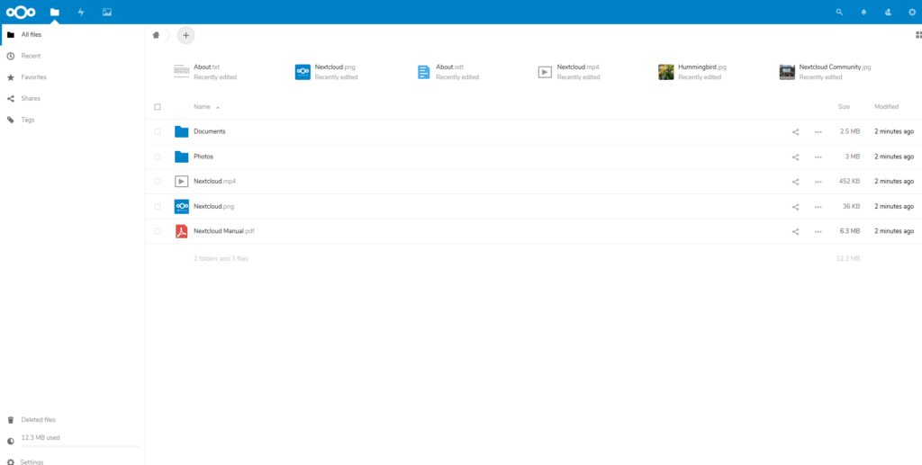 NextCloud 16 Files app as viewed when installing for the first time