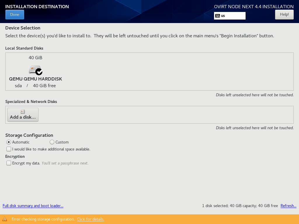 oVirt Node 4.4 Installation - 6 Disk configuration
