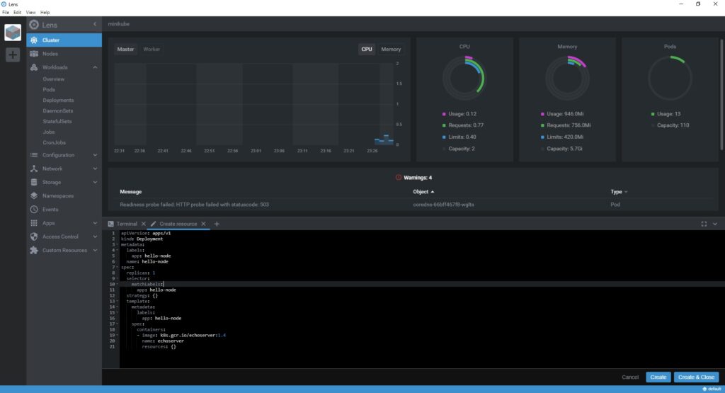 Kubernetes Lens, screen showing the IDE with a sample manifest