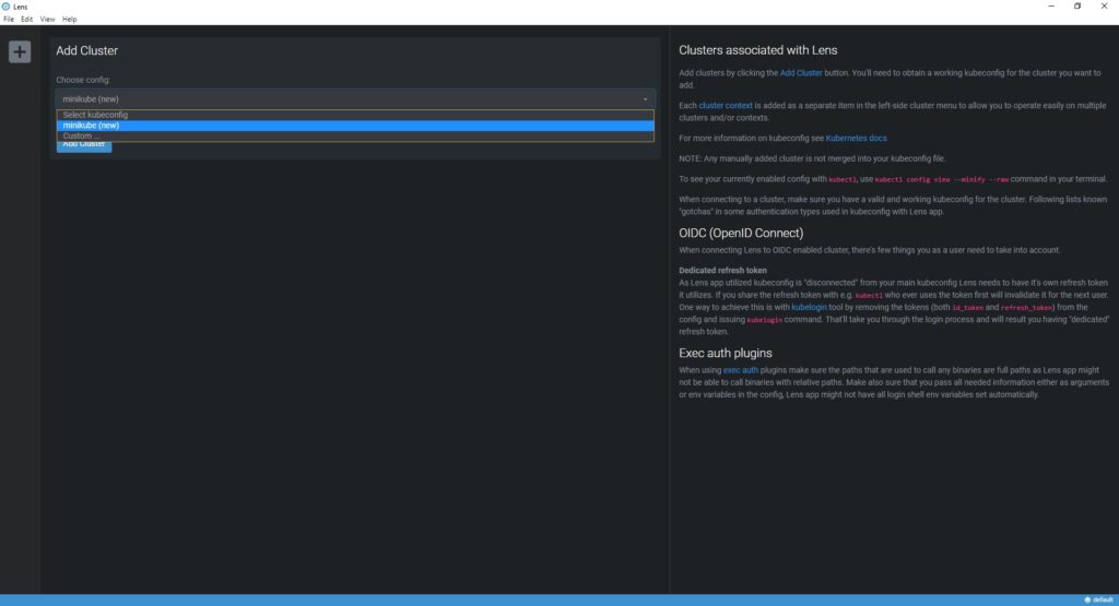 Kubernetes Lens, screen showing how to add a new cluster