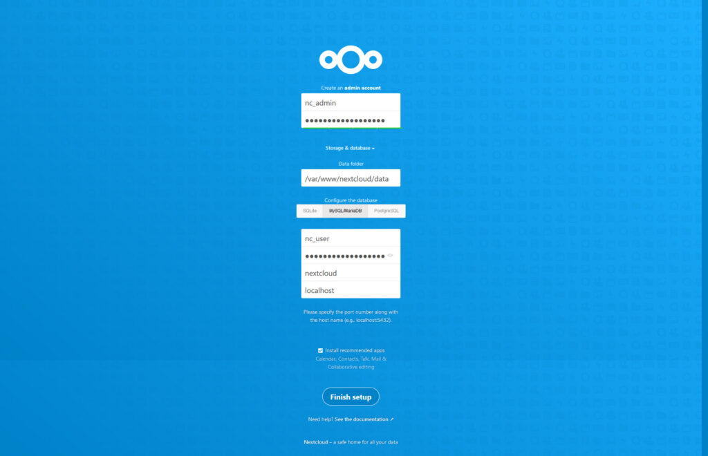 A screen showing the Nextcloud installation parameters needed to initialize the setup