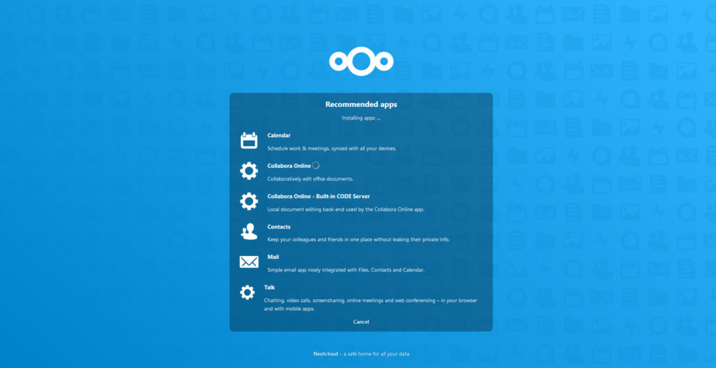 A screen showing NextCloud during apps installation