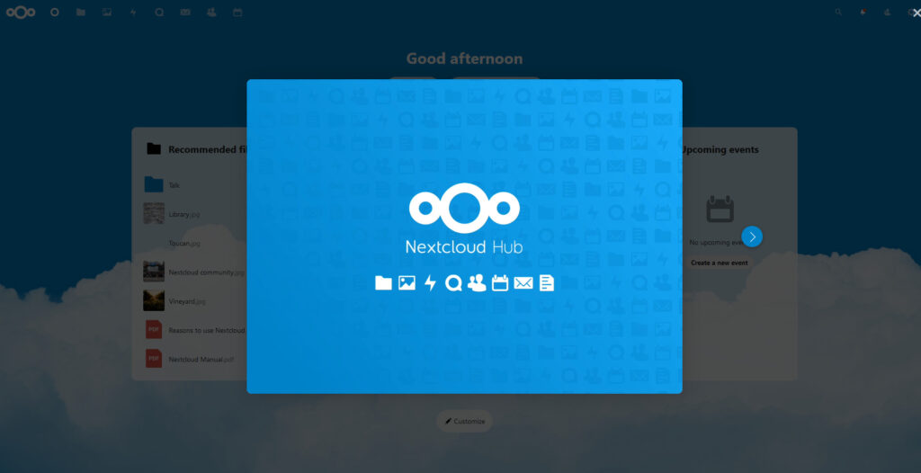 A screen showing the NextCloud welcome wizard