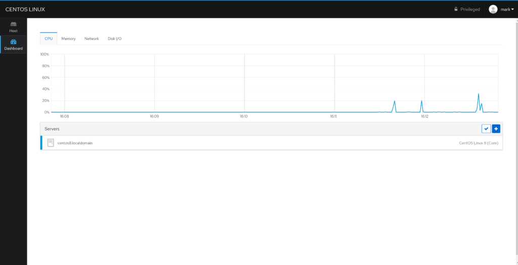 An image showing the Cockpit dashboard with one server